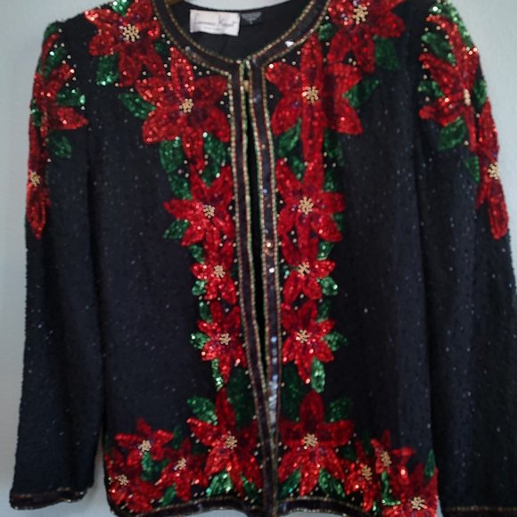 Laurence Kazar Sequin Beaded Embellished Christmas Poinsettia Cardigan Jacket L - Picture 1 of 8